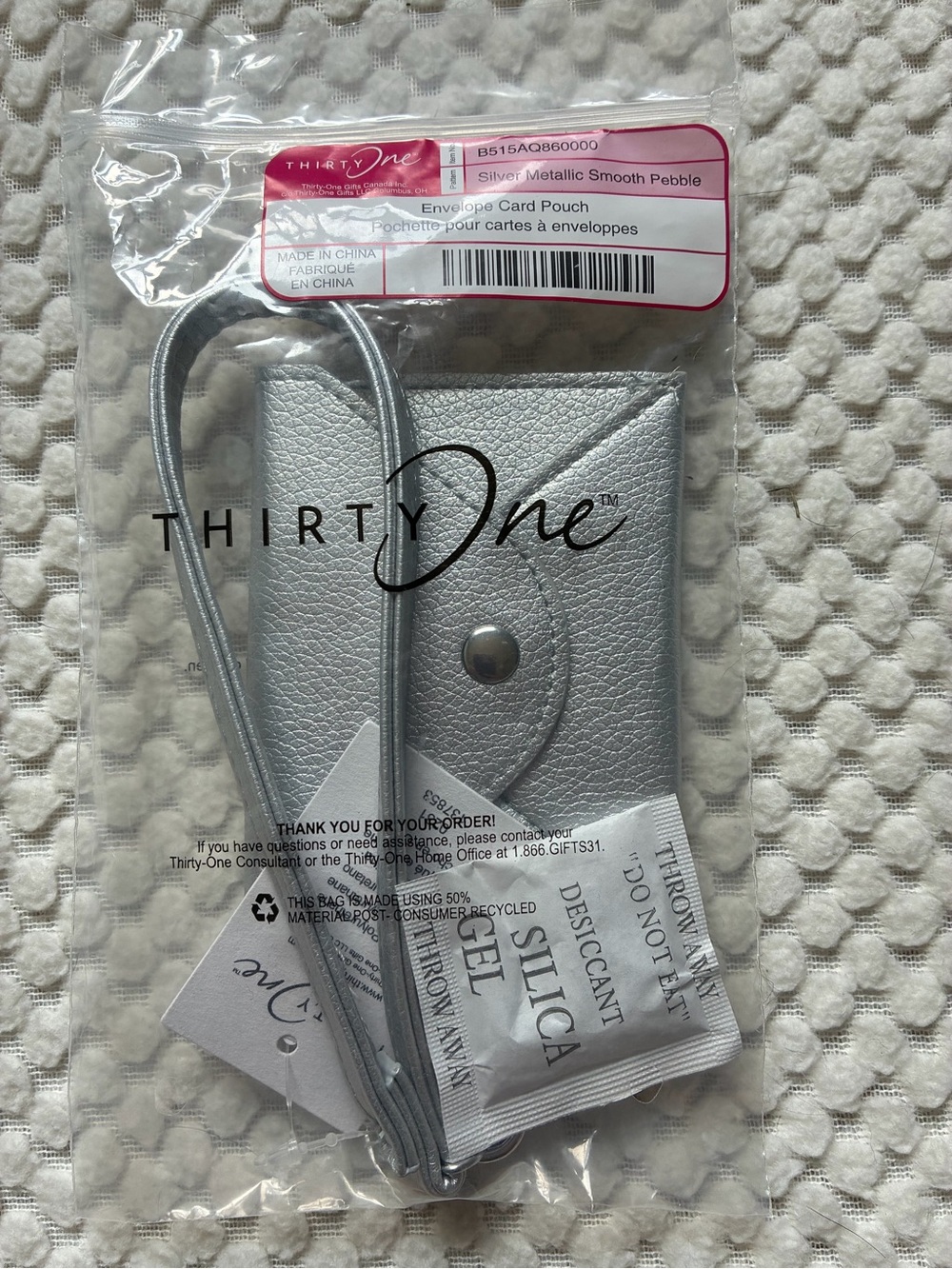 Thirty- One Silver Metallic Envelope Card Pouch with Wrist Strap